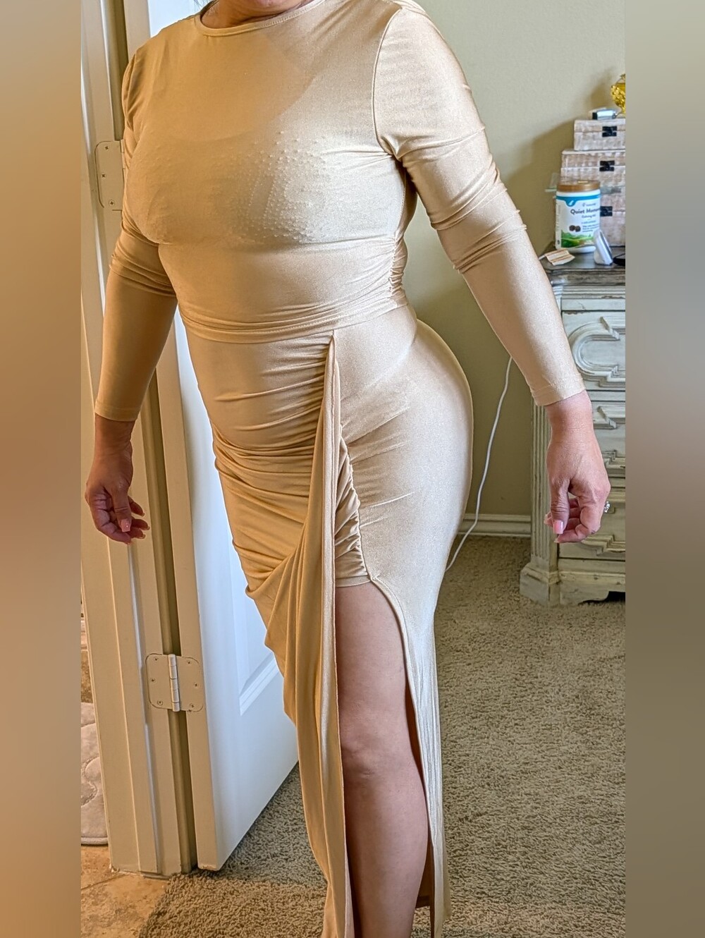 Women’s Long Sleeve Draped Dress in Nude